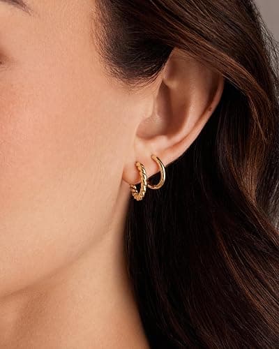 PAVOI 14K-18K Yellow Gold Plated Sterling Silver Posts Three Pairs Small Hoop Earrings for Women - Statement Gold Hoop Earrings Set - Cubic Zirconia Rope Teardrop Chunky Huggie Earscape Piercings thumbnail 2