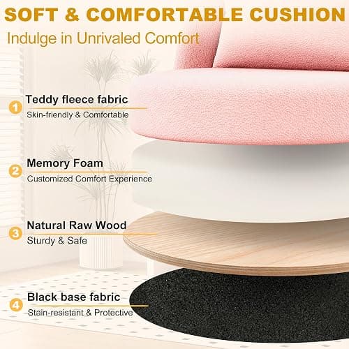 Misolant Vanity Chair with Back, Armless Cute Office Chair with Wheels for Girls, Teddy Fleece Fabric Small Desk Chairs with Adjustable Height, Lumbar Support Pillow, 360°Swivel for Makeup Room, Pink thumbnail 6