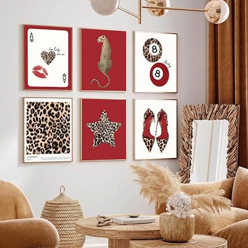 6Pcs Trendy Leopard Wall Art Prints Funky Red Lucky 8 Ball Posters Vintage Preppy Room Aesthetic Cheetah Wall Decor Pictures for Girly Bedroom Apartment Dorm Unframed (10L" x 8W") thumbnail 3