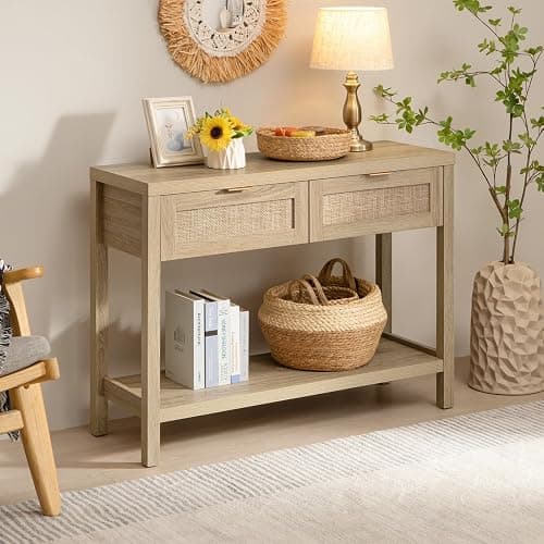 SICOTAS Rattan Console Table for Entryway - Boho Entryway Table with Storage and Drawers, Small Entry Tables for Hallway Behind Couch Table Sofa Table - 1 Piece - Reclaimed Light Oak thumbnail 2