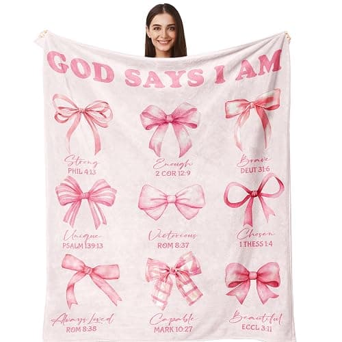 Henazin Christian Gifts For Women, Bow Blanket 60"X50", Religious Catholic Gift For Woman, Baptism Confirmation Gift For Girls Pink, Inspirational Spiritual Birthday Present For Daughter Sister Friend - Image 1