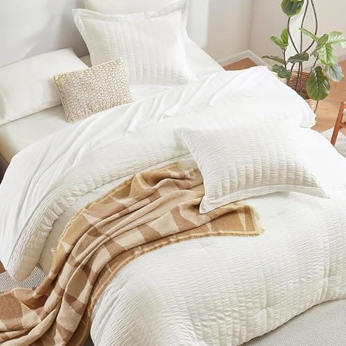 CozyLux Full Size Comforter Sets with Sheets Seersucker 7 Pieces Ivory Bed in a Bag Textured Luxury Soft Bedding Set with Down Alternative Comforter, Sheets, Pillowcases & Shams for All Seasons thumbnail 4