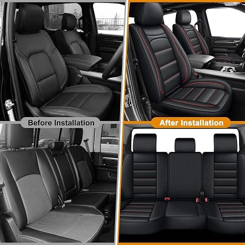 Seat Covers Fit for Dodge RAM 1500 2012-2025 2026: Compatible with RAM 1500 2500 3500 Crew Double Quad Cab Truck Pickup Full Set Car Seat Cover Faux Leather Seat Covers(Curved Bench, Redline) thumbnail 7