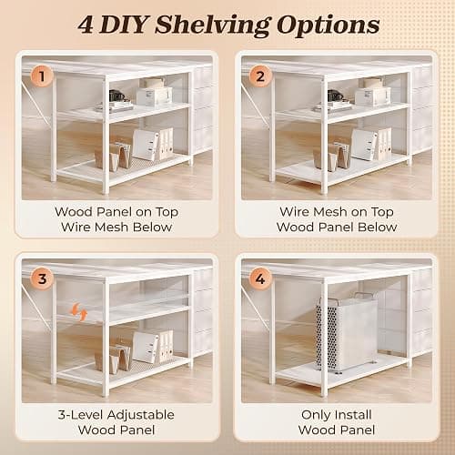PRAISUN 61" L Shaped Desk with Power Outlets and USB-C Port, Reversible Computer Corner Office Desk with 4 Fabric Drawers and 2 Height-Adjustable Shelves, Large for Gaming Writing Work Study, White thumbnail 8