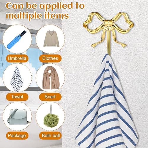 HJZHII 6 Pcs Gold Bow Wall Hook, Large Bow Knot Coat Hooks Metal Bowknot Wall Door Hanger Decorative Holder for Bags Bath Towels Coats Hats Coffee Mugs Room Decorations thumbnail 5
