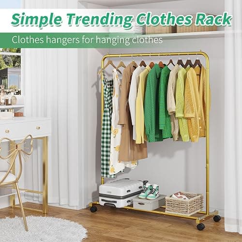 Simple Trending Standard Clothes Clothing Garment Rack with Storage Shelves, Rolling Clothes Organizer on Wheels for Hanging Clothes, Gold thumbnail 5