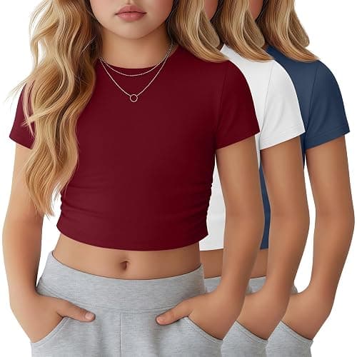 YooAurvox 3 Pack Girls Crop Tops 5-16y Short Sleeve T-Shirts Tween Girl Slim Crew Neck Ruched Casual Trendy Summer Shirts - Image 1