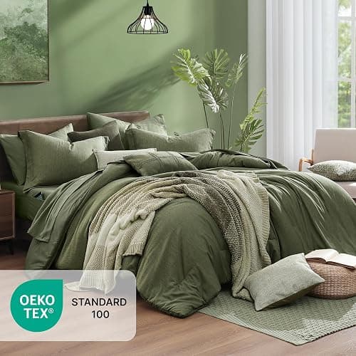 Monbix Twin XL Comforter Set Olive Green, Cationic Dyeing Bedding Set Reversible 5 Pieces, All Season Bed in a Bag with Comforter, Sheets, Pillowcase & Sham thumbnail 5