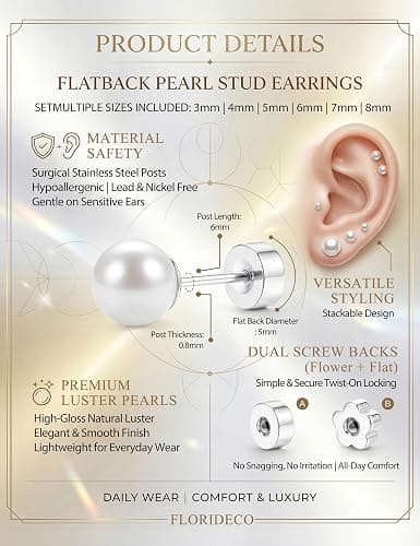 14K Gold Plated Pearl Earrings for Women Flat Back Stud Hypoallergenic | Small Pearl Earring Set, Cartilage Piercing, Stackable Lightweight Shiny Earring Studs, Plum Blossom Bonus, 3-8MM, 6 Pairs thumbnail 2