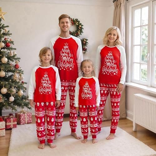 Urkutoba Family Christmas Pajamas Matching Sets - Soft Lettler Print Xmas Pjs for Couples & Kids | Holiday Family Pajamas thumbnail 2
