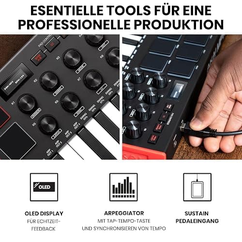 Akai Professional MPK Mini MK3 25-Tasten USB MIDI Keyboard Controller, 8 Hintergrundbeleuchtete Drum Pads, 8 Regler, Musikproduktion-Software und Native Instruments Sound Package (NKS Integration) thumbnail 5