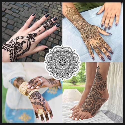 Temporary Tattoos Kit, 6Pcs Semi Permanent Tattoo Paste Cones, India Body DIY Art Painting for Women Men Kids, Summer Trend Freehand Plaste with 3 Colors,20Pcs Adhesive Stencil,1Pc Bottle,4Pcs Nozzles thumbnail 6