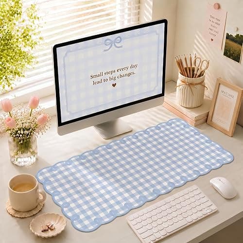 Cute Blue Scalloped Desk Mat Gingham Checkered Large Mouse Pad Kawaii Vintage Farmhouse-Inspired Cottagecore Office Desk Decor Stitched Nonslip Pad for Computer Keyboard & Mouse 31 * 15.7in thumbnail 2