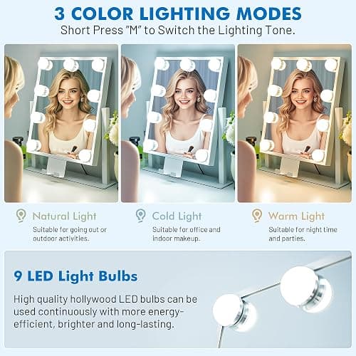 KOTTOVA Makeup Mirror with Lights - Modern Vanity Mirror, 14x12 Lighted-up Mirror with 3 Color Dimmable Lighting & Mount, Touch Sensor, with Detachable 10X Spot Mirror, Sleek Metal Frame – White thumbnail 2