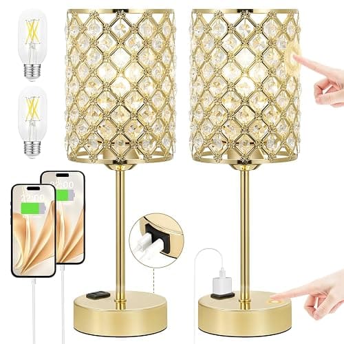 Touch Control Crystal Table Lamp-Dimmable Nightstand Lamp with USB-C+A & AC Charging Ports, 3-Way USB Gold Lamp, Bedside Desk Light for Bedroom Living Room Home Office(Bulb Included & Set of 2) - Image 1