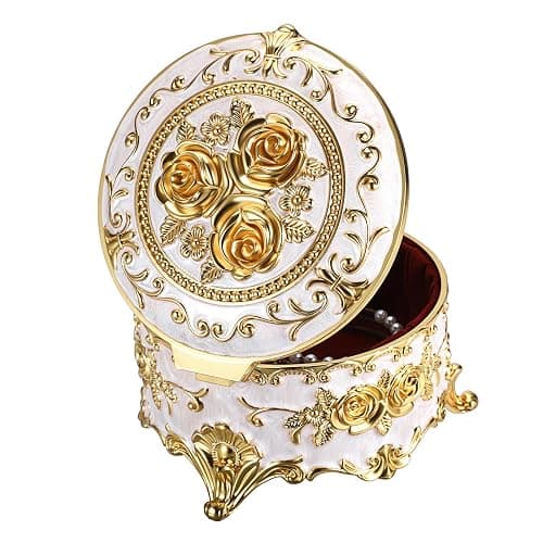 Hipiwe Round Jewery Box Metal Trinket Organizer Decorative Keepsake Box for Trrasure Ring Earring Holder Vintage Jewelry Display Case, Beige, 5.7" L x 5.1" W x 3.5" H thumbnail 9