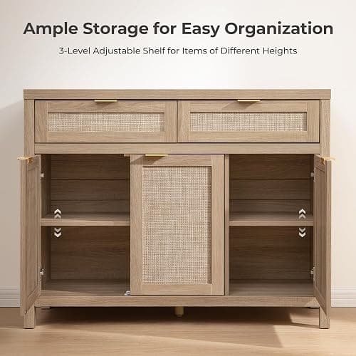 SICOTAS Rattan Sideboard Buffet Cabinet with Storage, Boho Credenza Accent Cabinet with 3 Doors and 2 Drawers, Farmhouse Console Coffee Bar for Kitchen, Living Room, and Entryway, Light Oak - Reclaimed Light Oak - 1 Piece thumbnail 5