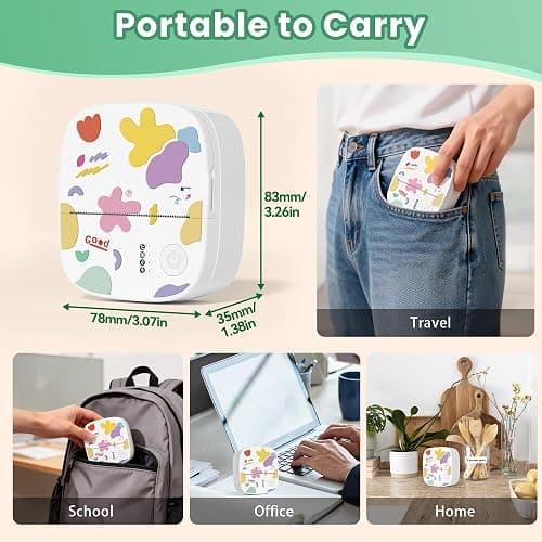 XenGro Mini Sticker Printer AHM2, Mini Thermal Printer with 3 Rolls Paper, Portable Bluetooth Inkless Printpods, Pocket Label Maker Suitable for Creative Kids DIY, Diaries, Photos, Study Notes -White thumbnail 7