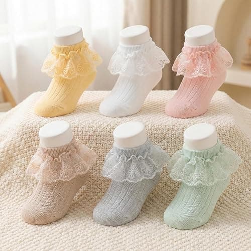 VINIKNIKA 6 Pairs Baby Girls Socks - Newborn Ruffle Lace Princess Frilly Knit Cotton Socks thumbnail 4