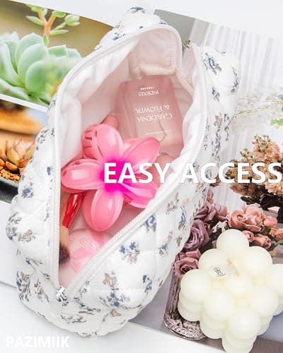 PAZIMIIK Vintage Quilted Makeup Bag Cosmetic Pouch for Brushes Pencils and Travel Make Up Accessories for Women and Girls Gauze Hyacinth thumbnail 3