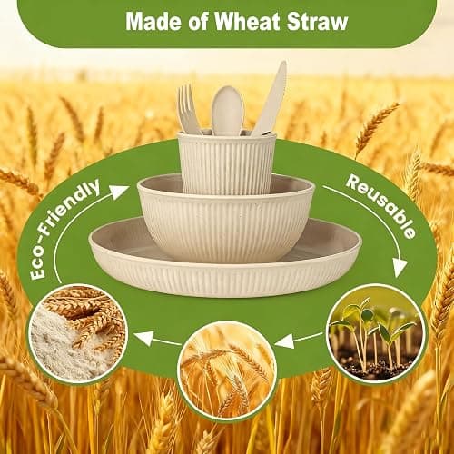 36-Piece Reusable Wheat Straw Dinnerware Sets for 6, Farielyn-X Unbreakable Reusable Set Kitchen Cups, Plates, Bowls Sets & Cultery Dishwasher Microwave Safe - Patio, Outdoors, RV, Camping Dishes thumbnail 4