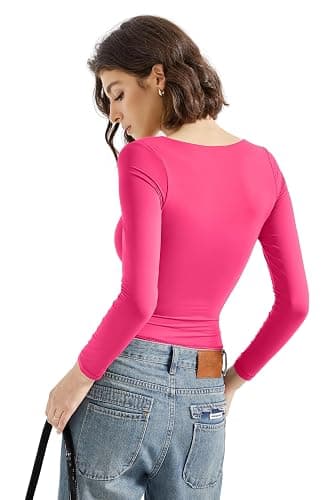 SUUKSESS Women Square Neck Long Sleeve Tops Double Lined Going Out T Shirts thumbnail 4
