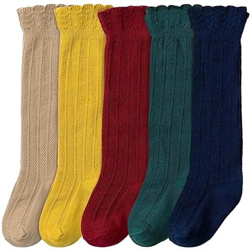 CozyWay Baby & Toddler Knee High Socks For Baby Girls Multi Color - 5 Pack - 0-6 Months - Tan/Navy/Red/Green/Mustard