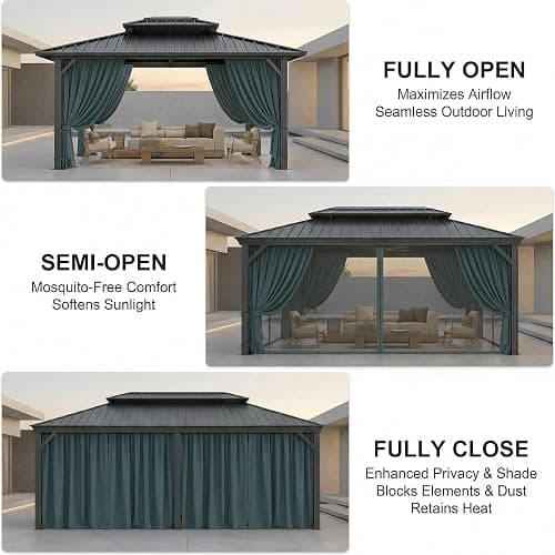 HOTEEL 10x12 Hardtop Gazebo On Clearance with Galvanized Steel Double Roof,Heavy Duty Gazebo with Flame-Retardant Curtain & Netting, Aluminum Frame Outdoor Canopy for Patio, Party, Black thumbnail 4