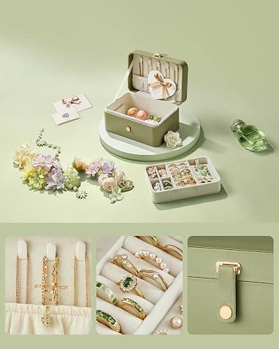 SONGMICS Schmuckkästchen Reise, Schmuckkasten klein, 2 Ebenen Schmuckaufbewahrung, tragbar, Schmuck-Reiseetui, für größere Accessoires, 11 x 16 x 8 cm, Geschenkidee, lorbeergrün JBC166C02 thumbnail 7