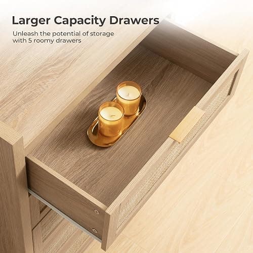 SICOTAS Dresser for Bedroom Chest of Drawers 46" Tall Dresser for Closet with 5 Rattan Drawers Boho Night Stand Large Clothes Storage Cabinet for Living Room Hallway Nursery Entryway - Reclaimed Light Oak/5 Drawers - 1 Piece thumbnail 5