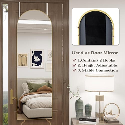 JAWGLOW Arched Full Length Door Mirror 14x48, Metal Frame with Protective Film, No-Drilling Hanging or Wall Mount, Hooks & Hardware Included, Full Body Mirror for Bedroom, Dorm, Gold thumbnail 8