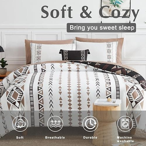 King Size Comforter Set - 7 Pieces Western Bedding Reversible Bed in a Bag | Boho Bedding, All Season Aztec Bed Set with Comforter, Sheets, Pillowcases & Shams, Brown thumbnail 2