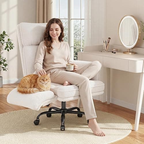 Criss Cross Chair with Armrests & Wheels for Cross-Legged Sitting，Ergonomic Computer Gaming Chair with Two Side Pockets，Teddy Plush Wide Seat Reclining Desk Chair for Home,Office,Beige thumbnail 2