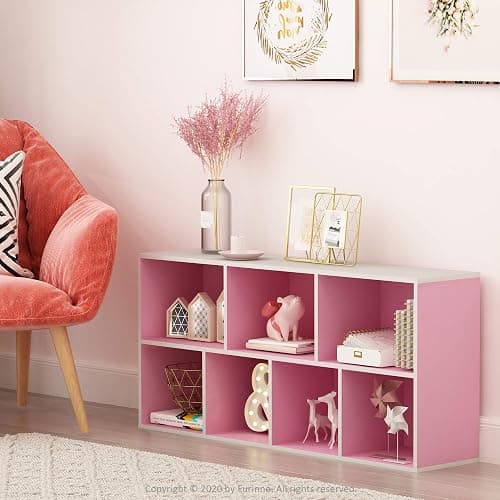 Furinno LUDER Book Shelf, 7-Cube Bookshelf, Bookcase, 9.4 x 19.5 x 41.7, for Living Room, Bedroom, Home Office, White/Pink thumbnail 2