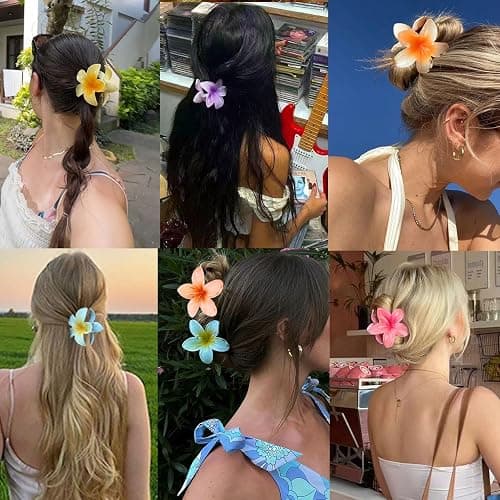 BAISEN 6 pcs Color Flower Hair Clips,3.14 inches Large Hawaiian Flower Claw Clip for Women Thin Thick Hair,Strong Non-slip Hibiscus hair clip, Tropical Beach Vacation hair accessories for Women Girls thumbnail 5