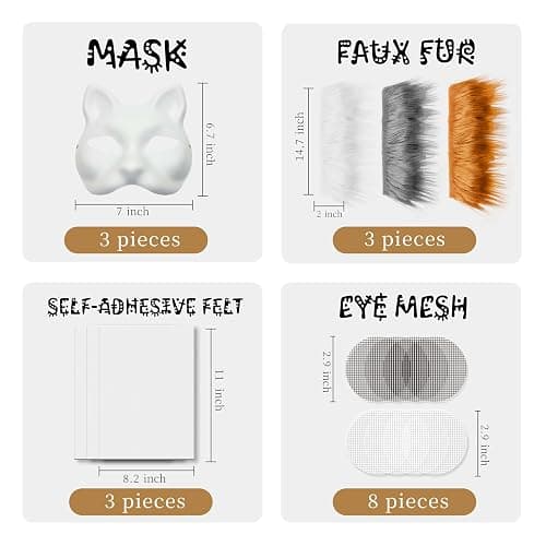DIY Cat Mask Kit with Fur & Eye Mesh and Felt Sheet,DIY Cat Mask All-in-One to Paint, Blank White Mask for Cosplay Christmas thumbnail 2