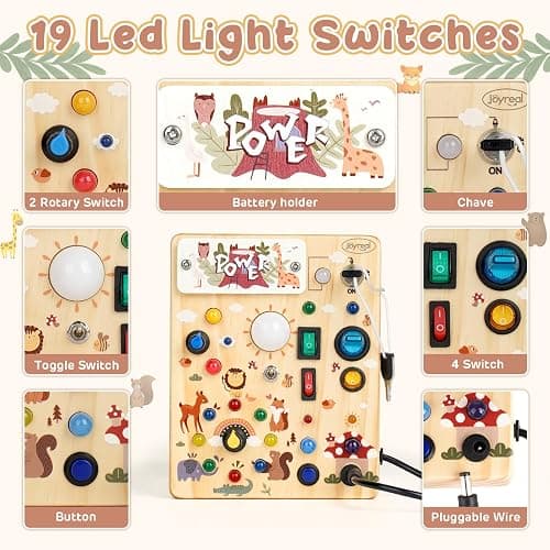 Joyreal Wooden Busy Board with LED Lights, Montessori Sensory Toys for Toddlers, Activity Fidget Board Travel Toys for Fine Motor Skills & Learning, Gifts for 1-3 Year Old Boys & Girls (Forest Theme) thumbnail 3