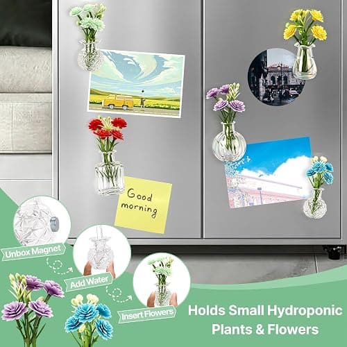 ZOYVUX Cute Mini Vase Magnets for Fridge, Funny Decorative Magnets, 5 Pack | Tiny Plant Glass Vases with Faux Flowers, Whimsical Magnetic Refrigerator Decor, For Kitchen, Locker, Office, Gift thumbnail 7