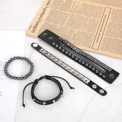 JIYIN 4 Pcs Leather Rock Studded Bracelets, Punk PU Leather Spike Bracelet for Men Women, Leather Cuff Bracelet 80s Wristband Set Adjustable Emo Punk Accessories Grunge Bracelet for Men Women thumbnail 6