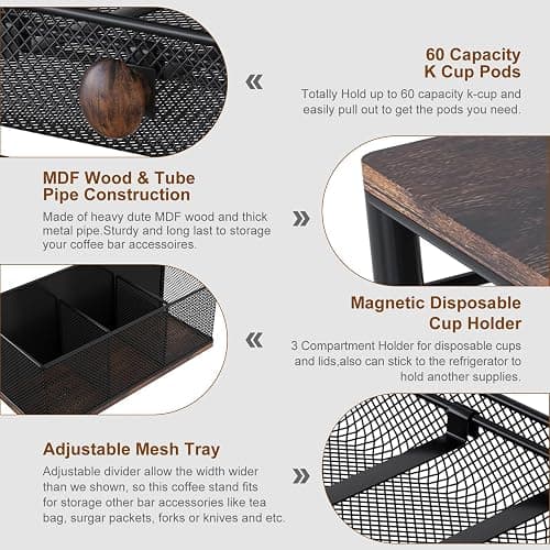 TQVAI K Cup Holder - 60 Capsule Capacity 2 Tier Sliding Pods Storage Drawer with Disposable Cups & Lids Holder, Coffee Bar Station Organizer for Countertop, Black thumbnail 7