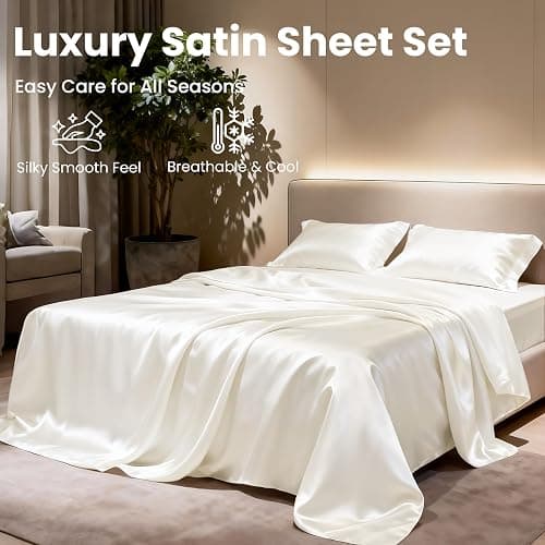 Love's cabin Full Size Satin Sheet Sets - 4 Piece Ivory Silky Sheet Set Full with Deep Pocket, Luxury Silk Feel Bed Sheets Full Bedding Set (1 Flat Sheet,1 Fitted Sheet,2 Pillow Cases) thumbnail 8