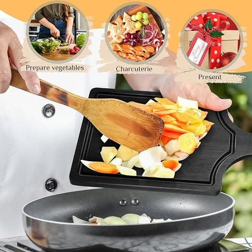 Geetery 3 Packs 12 Inch Black Wood Chopping Boards with Handle and Deep Juice Groove Small Bamboo Wooden Pizza Paddle Serving Boards Tray Charcuterie Plank Chopping for Cheese Steak Bread thumbnail 7