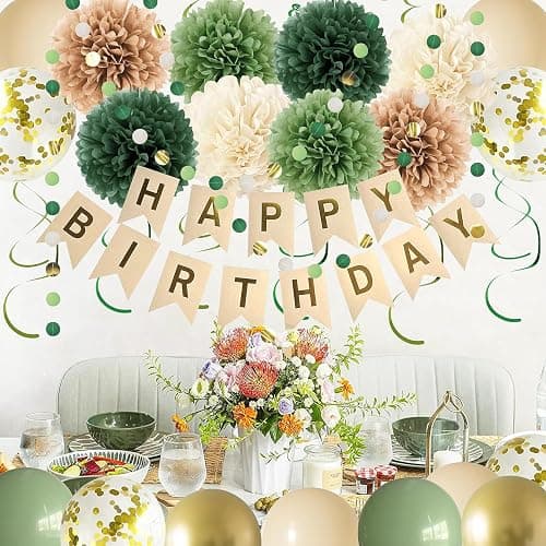 Green Birthday Party Decorations for Women Girls with Happy Birthday Banner,Tissue Paper Pompoms, Paper Tassel,Circle Garland,Hanging Swirl,Decorations Balloons for Party Decor (sage green) thumbnail 2