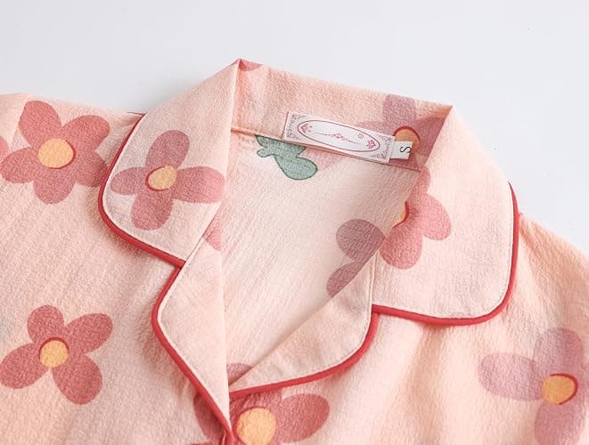 Hupohoi Big Girls Button Down Pajama Set 3pcs Short Sleeve Long Pants with Shorts Crepe Wrinkled Fabric Sleepwear Nighty thumbnail 2