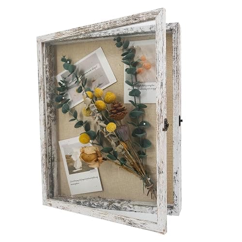 Shadow Box 13x16 Wood Shadow Box Frame Glass Door Display Case with Linen Back and 6 Stick Pins,1.5 inches Interior Depth,Ideal for Memorabilia Pictures Flowers Medals Tickets Rustic White - Image 1