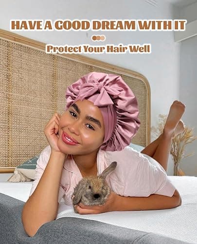 Satin Bonnet for Sleeping Cap Double Layer Hair Bonnet with Elastic Tie Band for Curly Hair Night Cap (Bean Paste + Pink) thumbnail 6