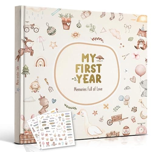 Hyggartn Baby Memory Book – My First Year Journal with Stickers (84 Pages) Gender-Neutral Keepsake for Boys & Girls Thoughtful Gift for New Parents - Cute little pattern - Image 1