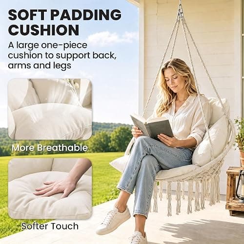 Outsunny Hammock Swing Chair w/Large Cushion Cotton Rope Chain Cream White | Outdoor Hanging Chair, Weaving Macrame Swing, 265 LBS Capacity, for Indoor Outdoor Bedroom Patio Balcony thumbnail 4
