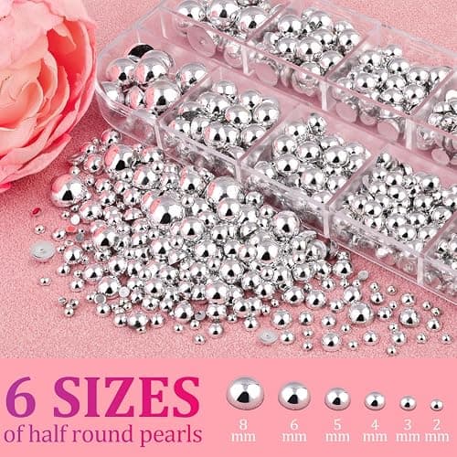 Belleboost Silver Nail Charms and Gems, 2 Boxes Half Round Flatback Pearl Nail Charms, Nail Pearls Rhinestones Silver Beads for Nails with Pencil and Tweezer for DIY Nail Art, Face Makeup and Crafting thumbnail 2