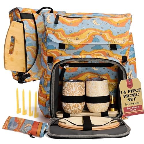 Lax & Daisy Travel Picnic Backpack for 2 Persons - 14 Piece Set Cooler Bags Insulated for Beach, Camping, Hiking & Parks with Blanket, Tumblers, Plates, Gold Cutlery & Cutting Board (Sun Moon Print) - Image 1